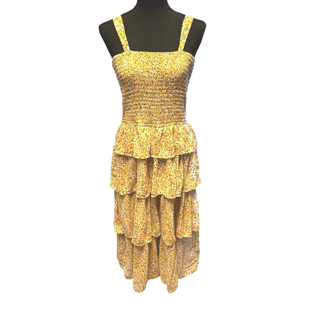Mimi Chica Flower Print Smocked Bodice Tiered Midi Sun Dress Sz L Summer Cottage